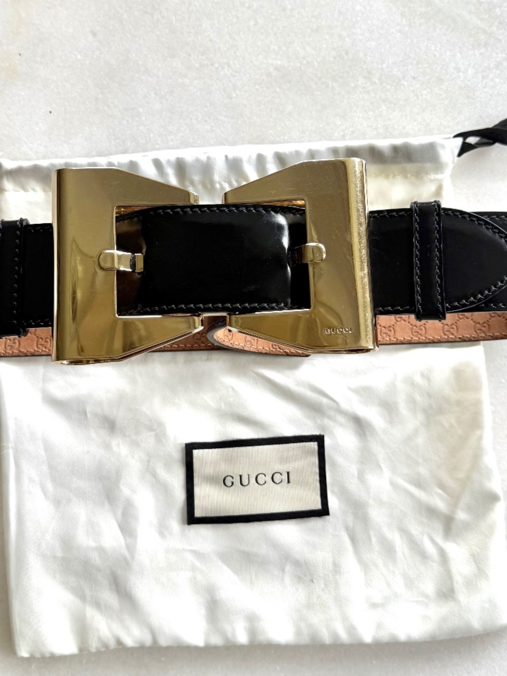GUCCI Ribbon Buckle Belt Logo Leather Black Bow Gold